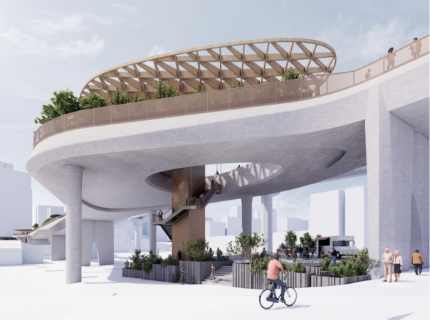 This mage shows a section of the preferred design option from under the bridge, on the east side of I-405 facing northwest towards City Hall Plaza.